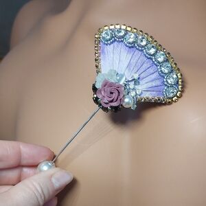 Handcrafted Purple floral fan lapel Hat stick pin Brooch